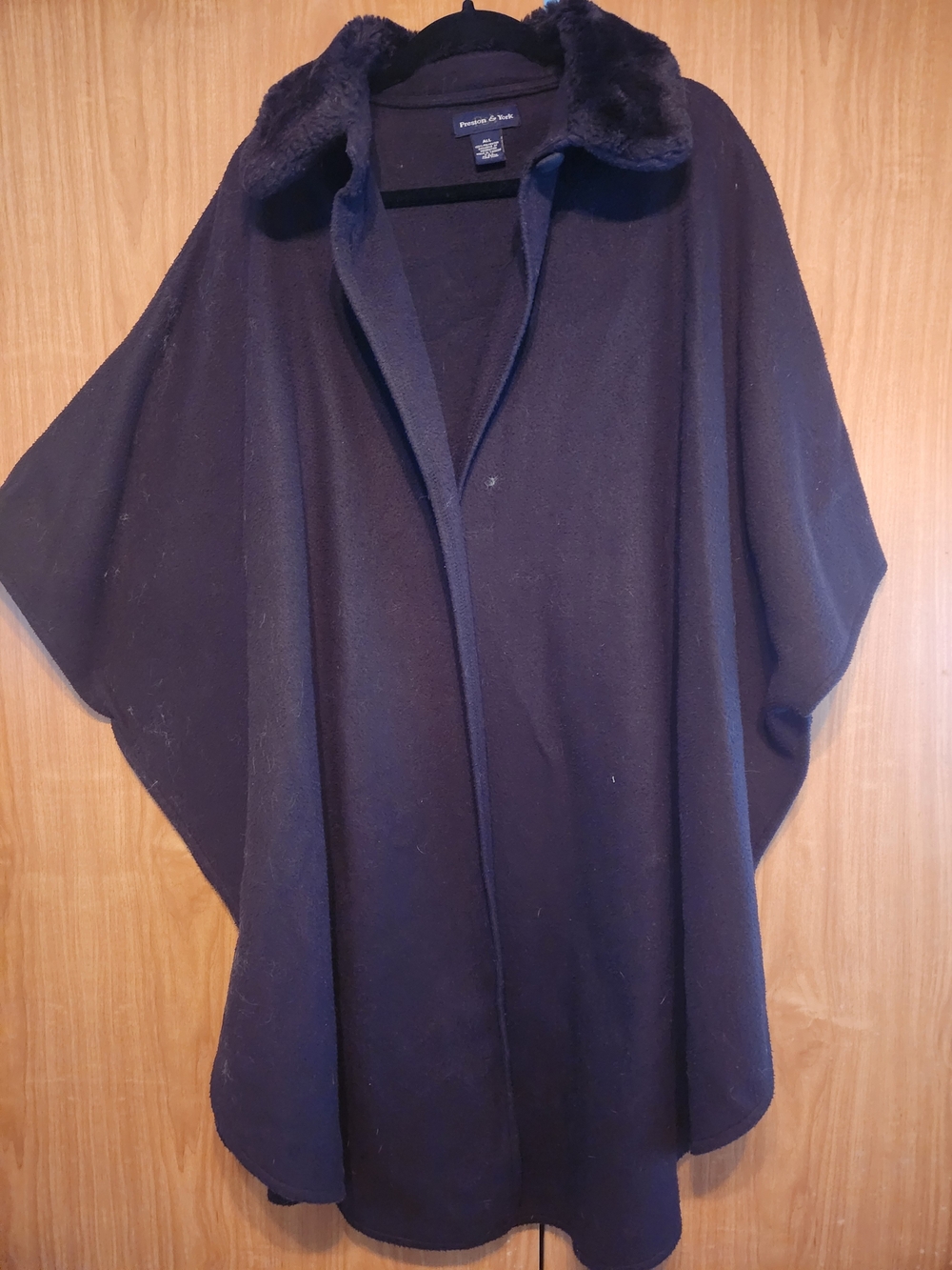 Preston & York Black Fleece Hooded Cape Coat Faux Fur Trim Collared One Size